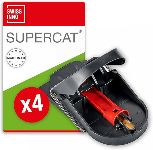 SWISSINNO Mousetraps & Mice Traps for Home - PRO SuperCat - 4 Traps – Pre-Baited Snap Traps with Precision Trigger – Instant Catch & Kill – Indoor & Outdoor Use – Easy Set No-Touch Disposal