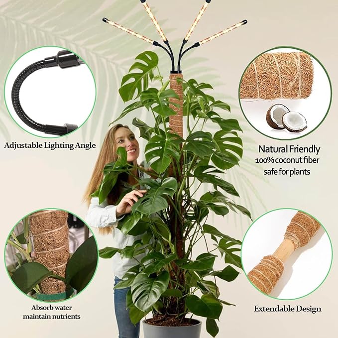 Grow Light with Moss Pole,Full Spectrum LED Plant Light for Indoor Plants,3/9/12H Timer, 10 Brightness,15-54.4 in Height Adjustable,Grow Lights with Plant Support for Monstera Indoor Climbing Potted
