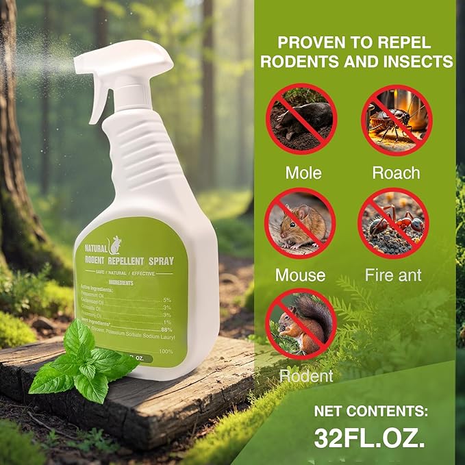 Peppermint Oil Spray for Rodents - Pure Peppermint & Mint Oil Spray for Mouse, Mice, Rat - R odent/Mouse Repellent for Indoor, Outdoor, Car Engine, Home, Attic, Garage - Pet & Kids Safe.(32 Oz)
