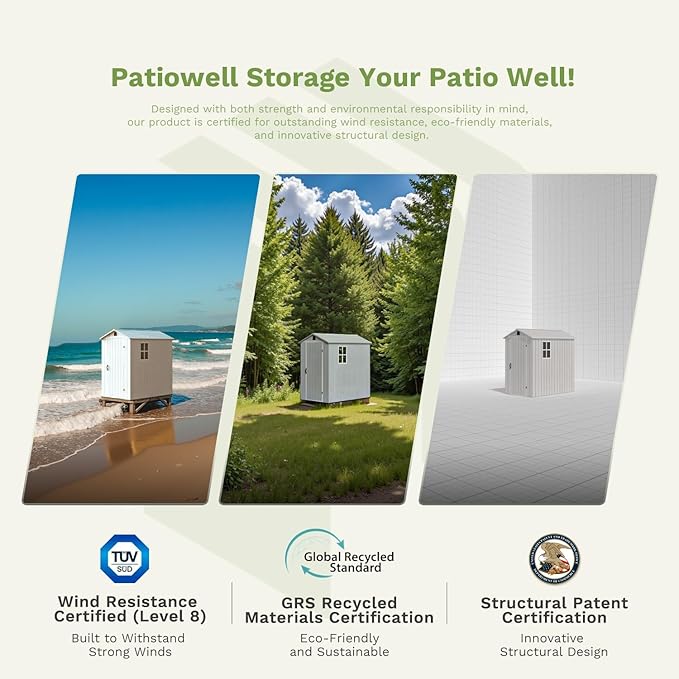Patiowell 4 x 4 FT Plastic Outdoor Storage Shed with Floor, Garden Tool Shed with Two Windows and Single Lockable Door for Garden, Backyard, Lawn, Easy to Install (Light Gray)