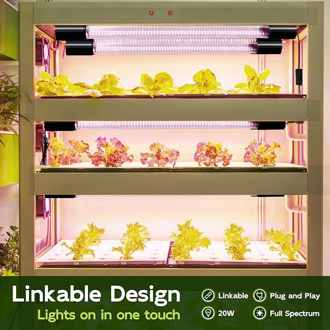 Hlite 16inch 4 Pack LED Grow Lights - Linkable Grow Lights for Indoor Plants, Full Spectrum Plant Lights Plug and Hanging Design with On/Off Switch Hanging Grow Light from seedling to Flowering, Black