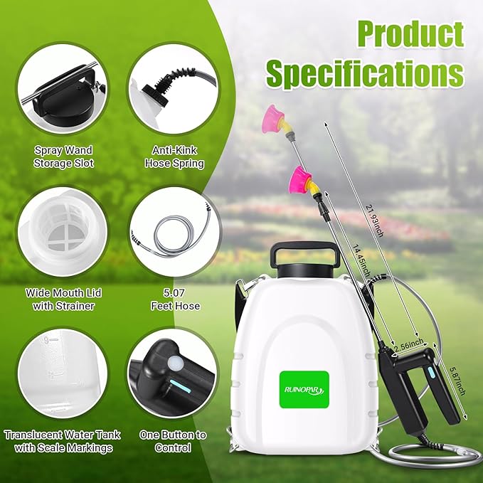 Battery Powered Sprayer 3.2 Gallon,Powerful Electric Sprayer with 5 Mist Nozzles,Rechargeable Handle, 41 in Retractable Wand,Adjustable Shoulder Strap,for Lawn,Gardening,Cleaning