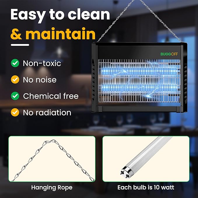 BUGGOFF Indoor Black Modern Electric Bug Zapper, 800 SQFT Coverage, 3500 Volts of Stunning Power, 20 Watts, Kills Mosquitos Gnats, Flys & More. 10 Year Warranty, X2 Free Repalcment Bulbs