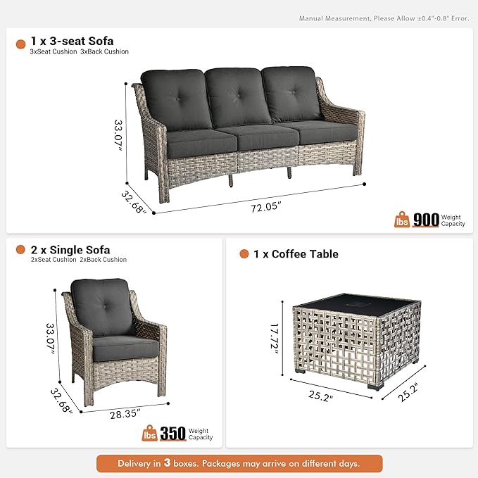 4 Pieces Patio Outdoor Furniture Set,All Weather Wicker Rattan Patio Seating Sofa and Chair Set w/ 3-Seater Sofa and Glowing Coffee Table,Outdoor Conversation Sets for Deck Yard Garden,Black