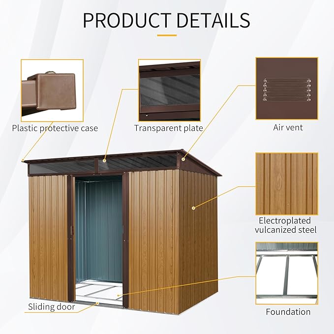 8x6 FT Outdoor Metal Storage Shed with Lockable Sliding Doors and Transparent Plate - Patio Shed for Backyard, Garden, Lawn (Coffee)