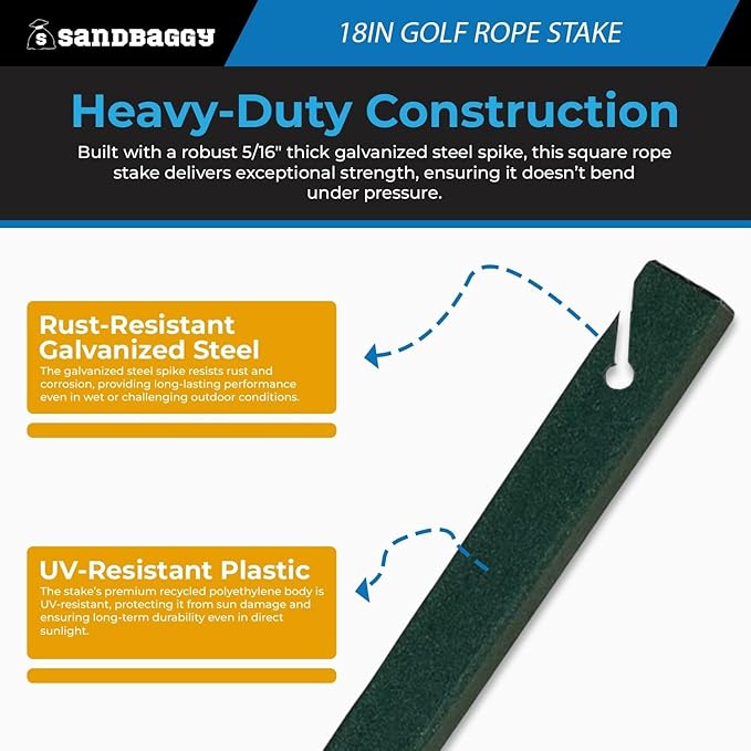 18" Golf Rope Stake - Square Stake (UV Resistant) - Sandbaggy (18-inch, 3, Count)
