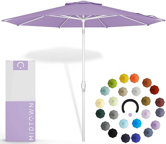 Midtown Umbrellas The Swilt 10 Feet Patio Umbrella in Terylast Midtown Purple Polyester Fabric - Fiberglass Ribs, Auto-Tilt Aluminum Frame For Backyard, Deck, Garden, Pool - White Pole