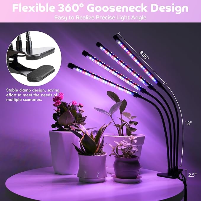 Shyineyou Grow Lights for Indoor Plants Full Spectrum, 80 LEDs Plant Lights for Indoor Growing with 3/9/12H Timer, 3 Color Modes & 9 Brightness, 4 Heads Clip-On Plant Grow Light