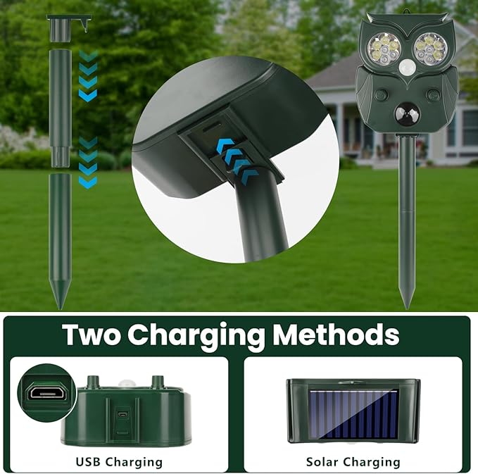 2Pack 2025 Ultrasonic Animal Repellent Outdoor Deer Repellent Devices Solar Animal Repeller Motion Activated Deterrent to Scare Cat Squirrel Rabbit Raccoon Skunk with LED Flash Lights for Yard Lawns