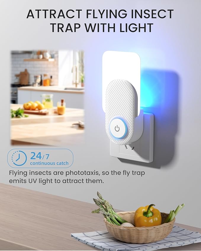 2PCS Fruit Fly Traps for Indoors- Highly Effective UV Blueish-Purple Light | Plug-in Fly Trap for Flies, Fruit Flies, Moths, Gnats, and Other Flying Insects, with 10 Sticky Pads(FT91-2pc)