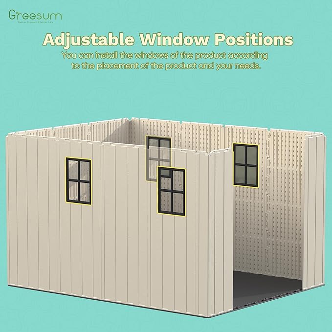 Greesum 8x12 FT Plastic Outdoor Storage Shed with Floor, Resin Sheds with Window and Lockable Door, Weather Resistant Organization for Garden, Patio, Pool Supplies, Beige