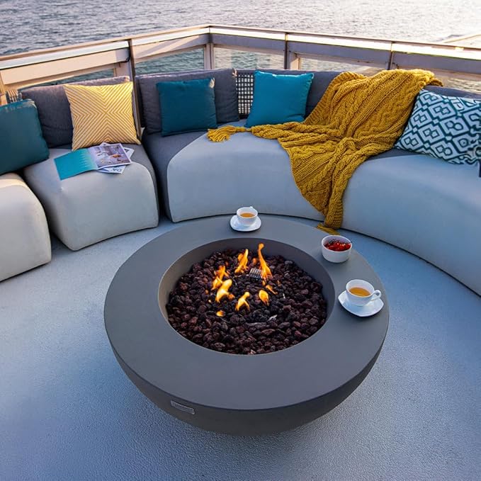 Lunar Bowl Concrete Fire Pit 42" x 42" Patio Firepit Includes Lava Rocks Modern Fire Pits & Outdoor Fireplaces for Garden, Deck, Indoor & Outdoor Heating