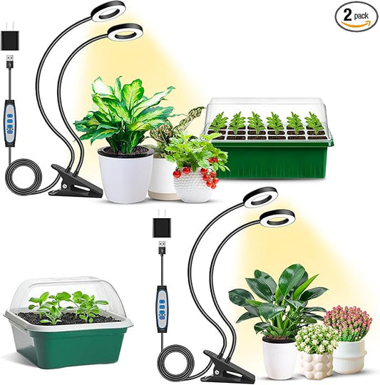 Plant Lights for indoor Growing, 2 in 1 Halo Grow Light with Clip,192 LED Full Spectrum Clip On Plant Grow Lights with 360°gooseneck,3 Spectrum Modes, 6/12/16Hrs Auto Time&5 Brightness,2 Pack