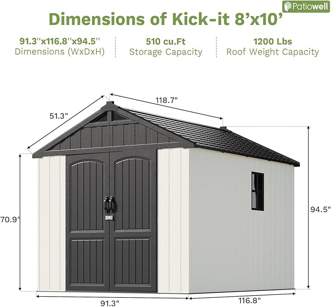 Patiowell 8x10 FT Plastic Shed Outdoor Storage Shed with Floor, Resin Garden Tool Shed Lockable Door & Two Windows for Patio, Backyard, Bike & Organizer, Beige