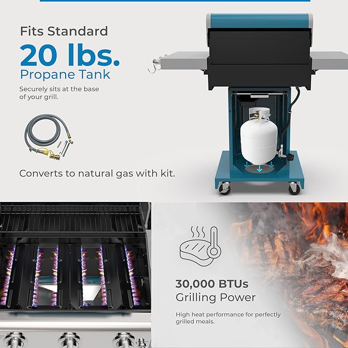 Kenmore 3-Burner Propane BBQ Grill, 30,000 BTUs Gas Grill with Cast Iron Cooking Grates, Folding Side Tables & Wheels, Outdoor Grill with Tool Hooks, Teal