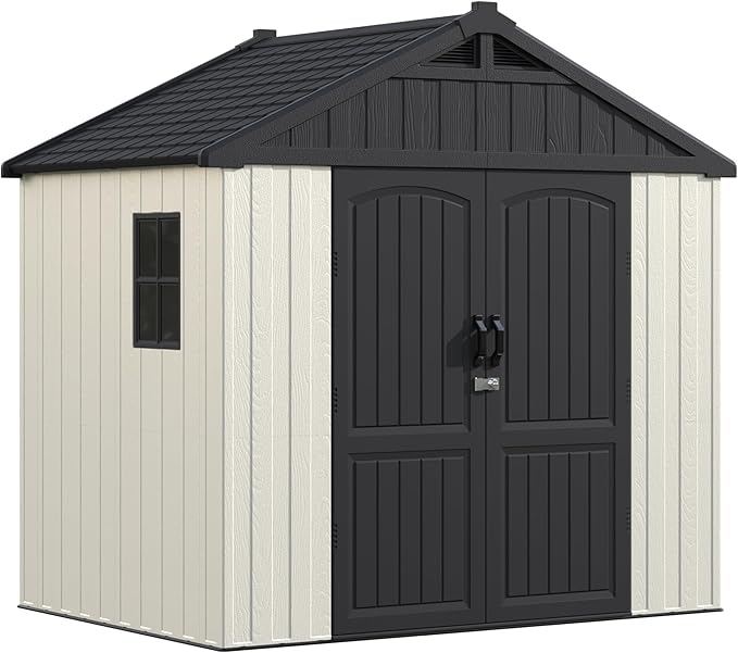 Devoko Plastic Storage Shed with Floor, 8 x 12 FT Outdoor Resin Tool Shed with Lockable Door & Sloping Roof, Patio Kick-it Shed for Garden, Backyard, Lawn, Beige