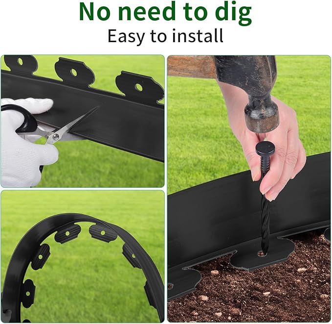 4 in x 25 Ft Garden Landscape Edging, No Dig Garden Edging Border Kit with 46 Pcs Spikes for Flower Bed Lawn Yard Grass Black