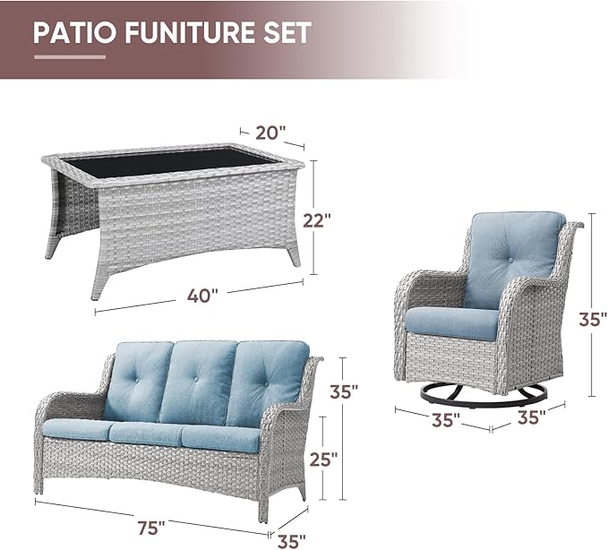 Patio Furniture 4 Piece, All-Weather PE Wicker Outdoor Furniture Set with Coffee Table,Outdoor Patio Furniture with Swivel Rocker Chairs and Outdoor Sofa, White Grey/Blue