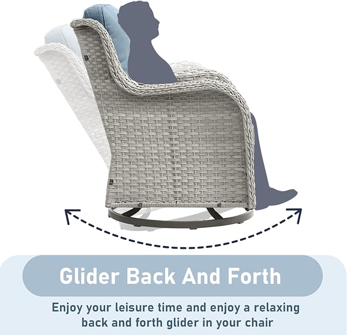 Wicker Rattan Patio Furniture Set - 7 Pieces Outdoor Couch with Swivel Chairs, Ottomans and Coffee Table for Deck, Poolside, Backyard - Light Grey/Light Blue