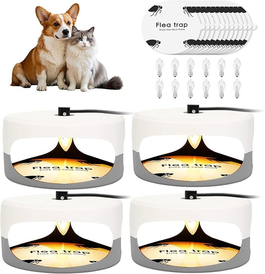 Flea Traps for Inside Your Home, 4 Pack Indoor Flea Light with 12 Sticky Pads Refills & 12 Bulbs Replacement, Odorless Bed Bug Killer Lamp Insect Infestation Treatment Glue Trap for Kids Pet