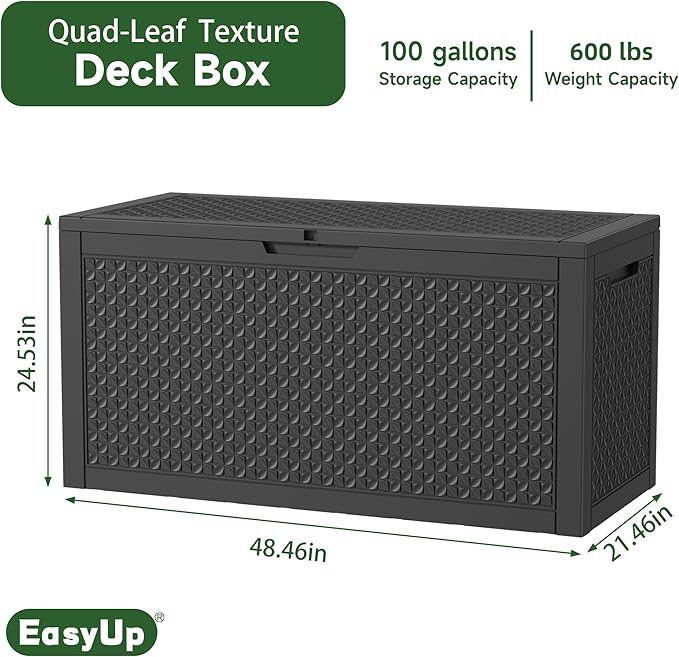 100 Gallon Outdoor Storage Box Waterproof, UV Resistant Resin Deck Box with Hydraulic Rod, Reinforced Stability for Patio, Garden, Quad Leaf Black