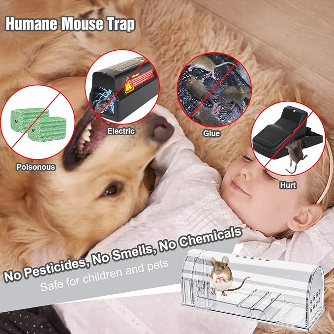 4 Pcs Humane Mouse Traps No Kill, Live Mouse Traps Indoor for Home, Reusable Mice Small Rat Trap Catcher for House & Outdoors(Clear)