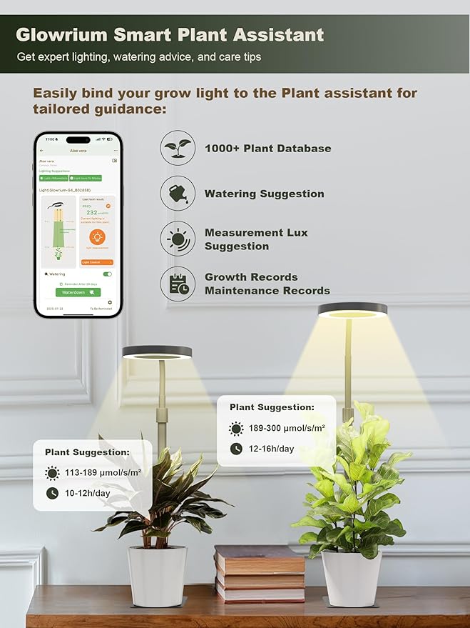 GLOWRIUM Smart LED Grow Lights for Indoor Plants, Desk Plant Light with Bluetooth App Control, 8W Full Spectrum Grow Lamp, Height Adjustable 16"-23", Auto Timer, Watering Reminder for Small Plants