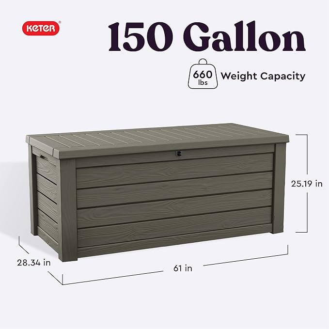 Keter Westwood 150 Gallon Resin Large Outdoor Storage Box for Patio Furniture, Outdoor Cushions, Garden Tools and Pool Floats, Mossy Brown