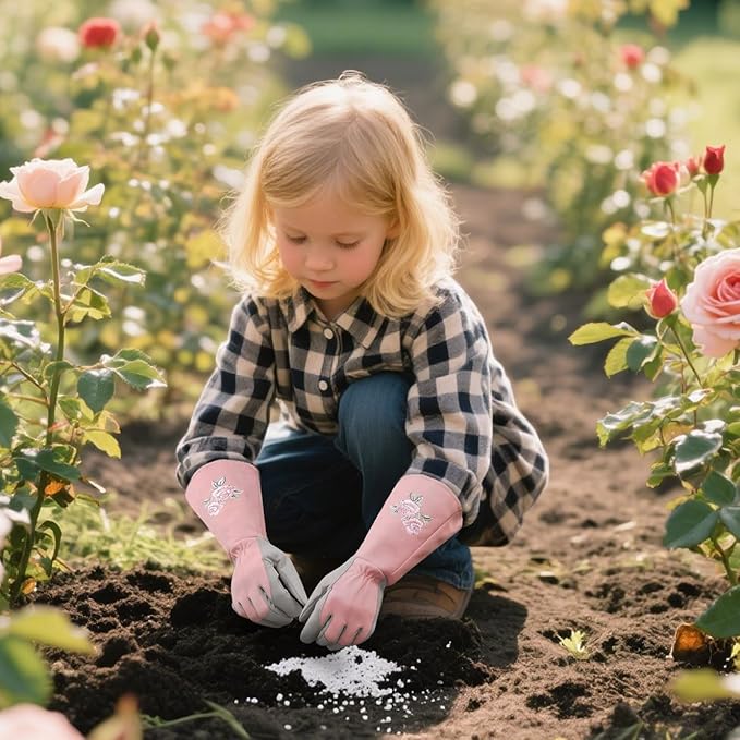 Kids Garden Gloves with Thorn Resistant, Embroidery Children Gardening Gloves with Extra Long Forearm Protection(3-5)