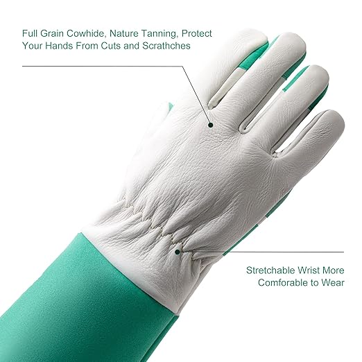 HLDD HANDLANDY Leather Gardening Gloves for Women & Men - Long Sleeve Rose Pruning, Thorn Proof Garden Work Gauntlet, Animal Handling (Large, Green)