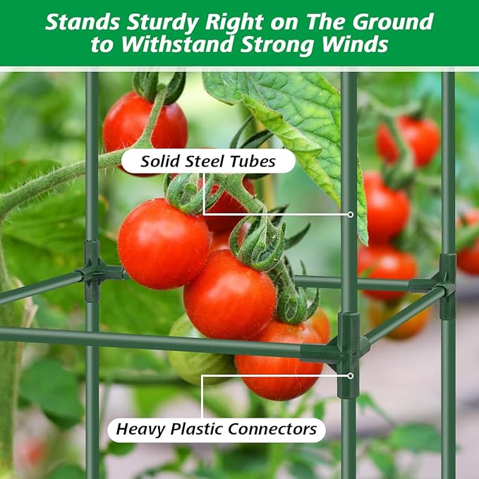 6Pack Tomato Cage, 57*15.4*15.4 Inches Garden Tomato Cages Plant Support Square Pole, Heavy Duty Steel Plant Tower Stakes,Cherry Tomato Trellis Cucumber for Climbing Vegetables Flowers Fruits-Green