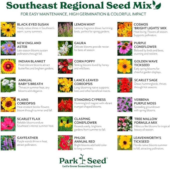 Park Seed Grow Your Own Vibrant Annual and Perennial Wildflower Garden Seeds Mixture, Easy to Grow Varieties for Pollinators and Spring Gardens - Southeast Regional Mix, 25 lbs