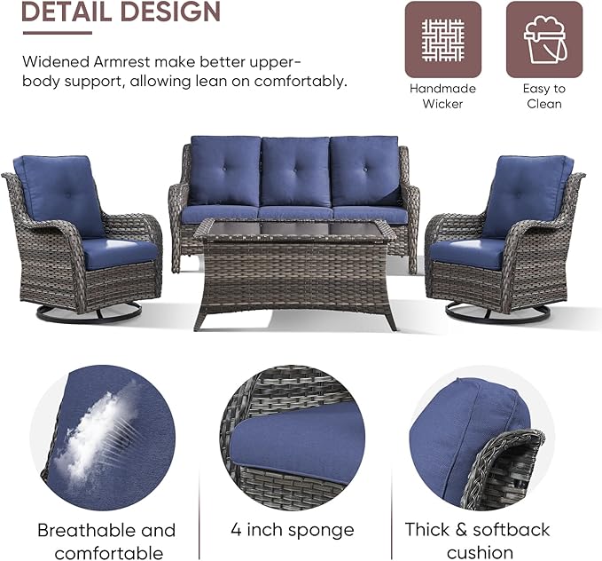 Patio Furniture 4 Piece, All-Weather PE Wicker Outdoor Furniture Set with Coffee Table,Outdoor Patio Furniture with Swivel Rocker Chairs and Outdoor Sofa
