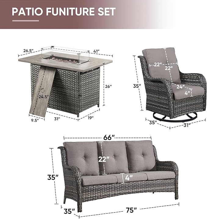 4 Piece Patio Furniture-with 50,000 BTU Gas Propane Fire Pit Table Outdoor Patio Furniture with Swivel Rocker Chairs,Outdoor Couch