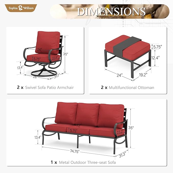 Sophia & William Patio Furniture Sets for 5 Outdoor Metal Conversation Sets 5 Pcs with 2 x Cushioned Swivel Sofa Chairs, 2 x Ottomans as Coffee Table, 1 x 3-Seat Sofa, Lawn Backyard Poolside Red
