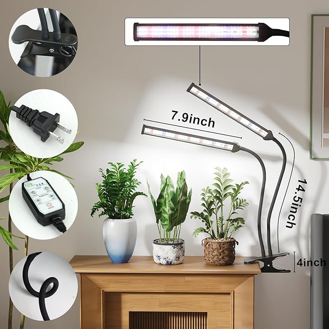 GooingTop Grow Light LED Gooseneck Lamp,Dual-Head White Full Spectrum 148 LED Plant Lamp with Red Blue Light Clip-on Desk for Indoor Plants Growing,Diming & Auto Timer