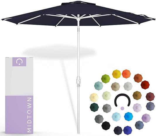 Midtown Umbrellas The Swilt 8 Feet Patio Umbrella in Terylast Navy (Navy Blue) Polyester Fabric - Fiberglass Ribs, Auto-Tilt Aluminum Frame For Backyard, Deck, Garden, Pool - White Pole