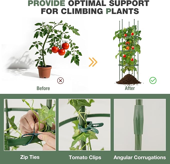 Happygrill 3 Pack Plant Cages and Supports, 60 inch Tall Adjustable Tomato Cage w/Clips & Ties, Heavy-Duty Garden Trellis for Climbing Plants, Vines, Flowers, Vegetables, Potted Plants Indoor Outdoor