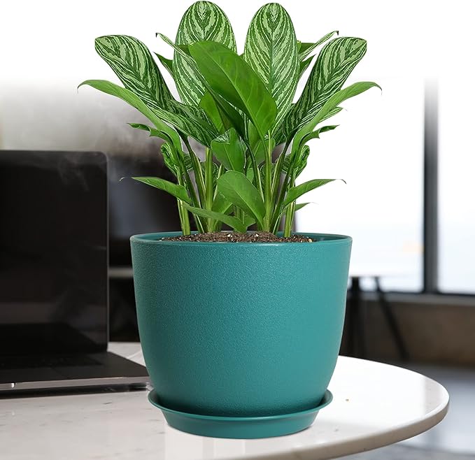 Modern Plant Pots Set, 9/8/7.5 inch Plastic Planters for Indoor Plants, Stylish Flower Pots with Drainage Holes and Saucers for House Plants and Flowers, Blue