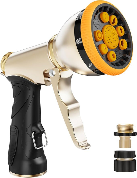 RAINPOINT Garden Hose Nozzle, Heavy Duty Metal Water Hose Sprayer Nozzle with 9 Adjustable Spray Patterns, High Pressure Hand Sprayer for Watering Plants & Lawns (Orange)