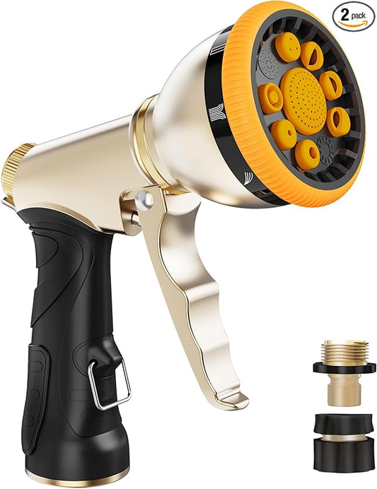 RAINPOINT Garden Hose Nozzle, Heavy Duty Metal Water Hose Sprayer Nozzle with 9 Adjustable Spray Patterns, High Pressure Hand Sprayer for Watering Plants, Lawns, Car and Pet Washing (2, Orange)