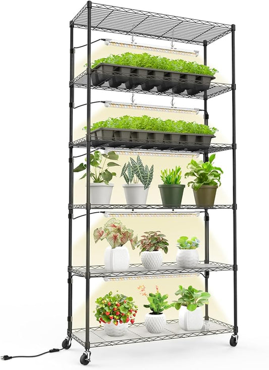 Plant Shelf with Grow Light with Timer, Metal Plant Stand with Adjustable Rack and Wheels, 5 Pack T8 Full Spectrum Grow Light Strip for Indoor Plants, Seed Starting, Seed Tray, 35.4"x13.8"x71"