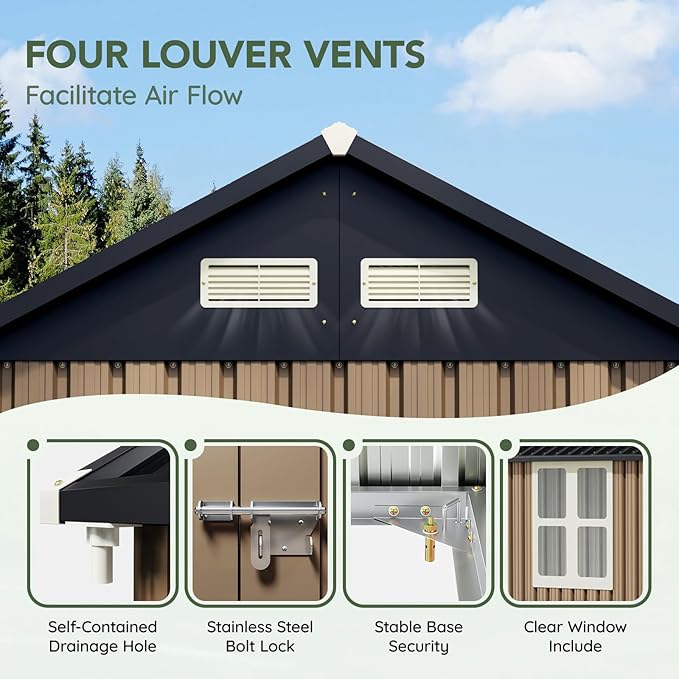 8x6 FT Outdoor Metal Storage Shed, Double Doors, 1 Clear Window, Tool Shed for Garden, Patio, Backyard Brown