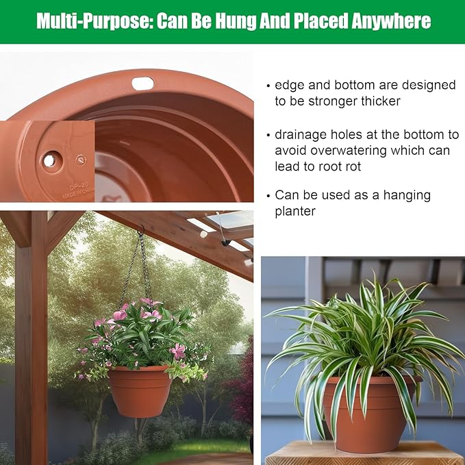 Plant Pots Set of 5, 10" Outside Diameter Flower Pots, 8.5" Inner Diameter Plant Planters with Drainage Hole, Durable Garden Pots Perfect for Indoor & Outdoor Plant Planting, Decor(Pottery Red)
