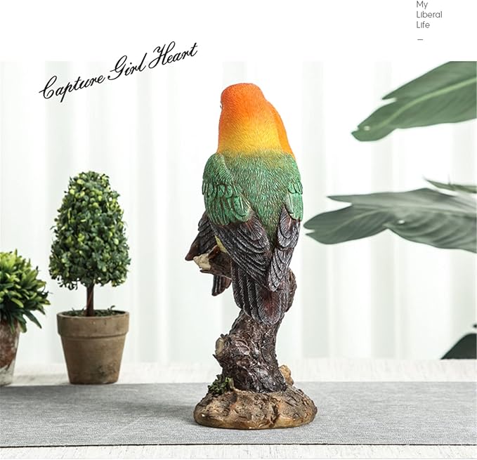 Lovebird Parrot on Stump Statue - Tree Hugger Garden Statues, Resin Parrot Figurines Lifelike Tropical Bird Sculptures for Patio Lawn Yard Home Desktop Decoration - Multicolor