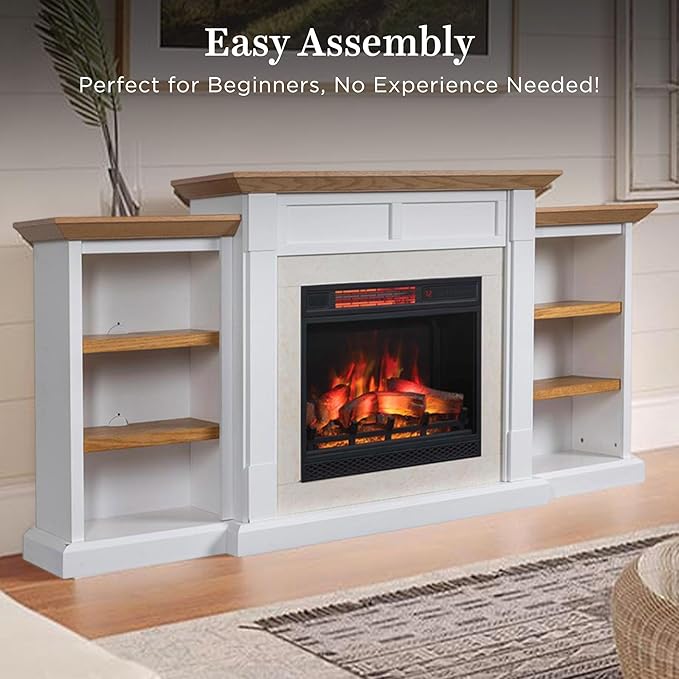 Country Living Belhaven 74 Inch Bookcase Mantel Package | 23 Inch Electric Fireplace Insert Heater with Remote | Warm Walnut Shelving | Marble or White Trim | Multi-Color Flames