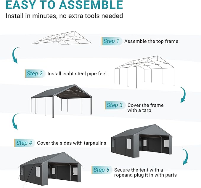 Carport, Heavy Duty Car Port 20x20 FT, Large Car Canopy with Roll-Up Windows & Side-Opening Door, Outdoor Portable Garage Reinforced Four-Hole Base for Car, Truck, Boat, Motorcycle