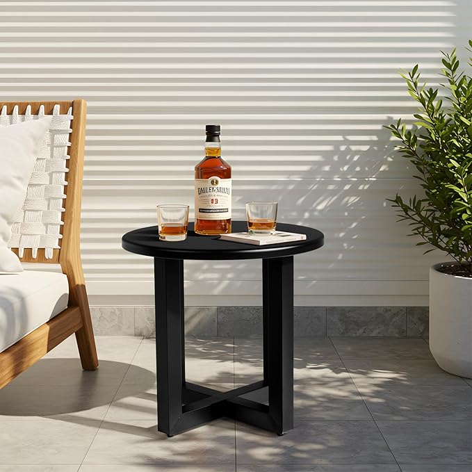 VINGLI Round Outdoor Side Table, Small Metal Outdoor Table Patio End Tables for Balcony, Porch, Garden and Poolside (Black)