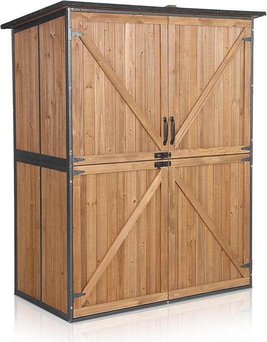 Outdoor Storage Shed with Floor - Waterproof Natural Fir Cabinet with Adjustable Shelves and Double Lock for Anti-Theft - Suitable for Storing Garden Tools, and Household Debris (Brown)
