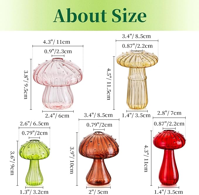 Mushroom Jars for Plants, Hewory 5pcs Colored Glass Mushroom Bud Vase for Flowers, Unique Plant Propagation Stations Propagating Vases Decor, Mini Cute Hydroponic Terrarium Planter for Indoor Planters